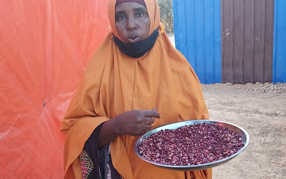 Halima showing us beans from her kitchen garden in Somalia Photo Credit: Trócaire 