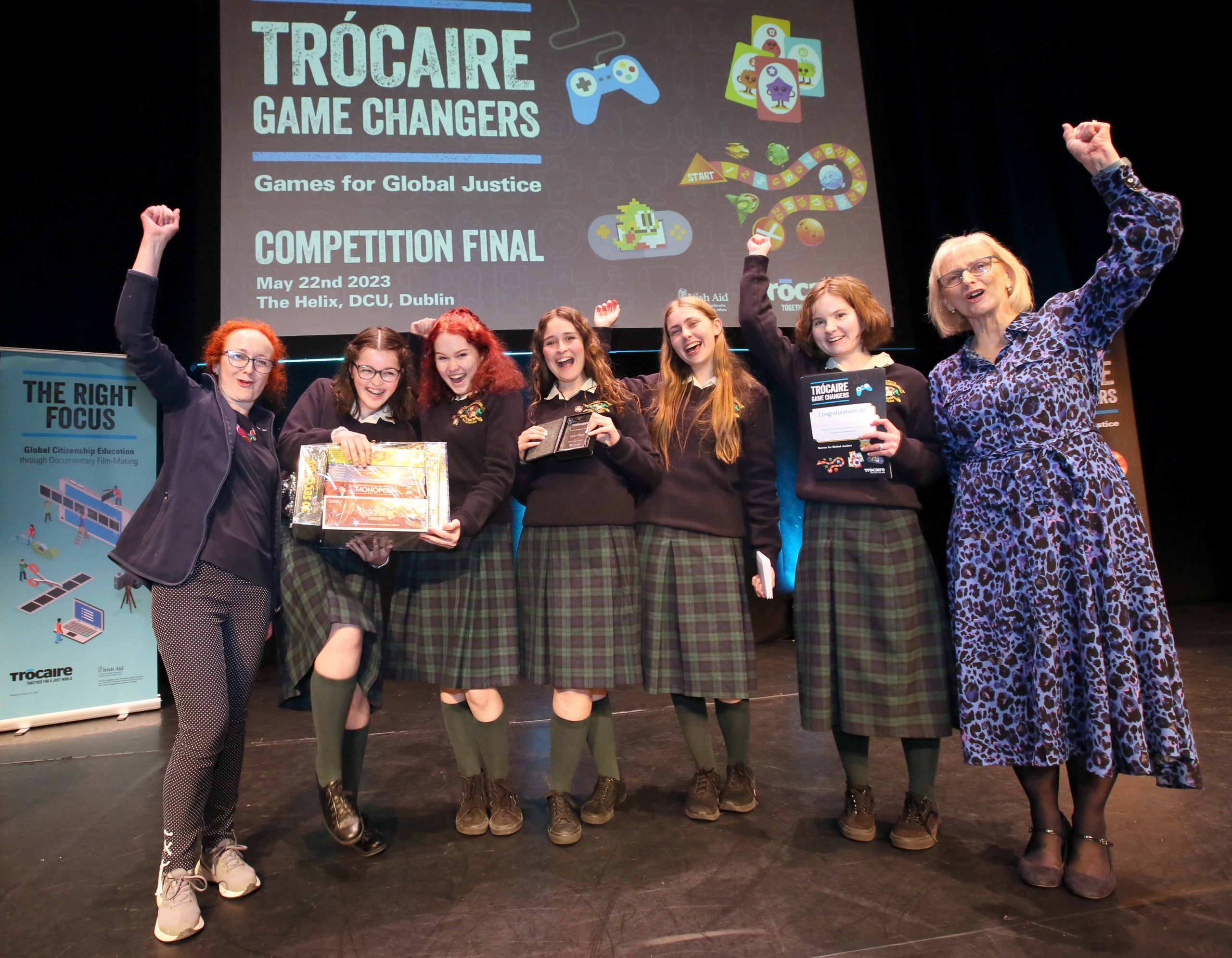 Pictured at the 2023 Trócaire Game Changers and Right Focus Competitions are the Winners of the Post Primary Game Changers Award: Loreto Secondary School, Balbriggan students Aoife, Orla, Molly, Iris, Deirbhile and teacher Paula Grace, left, and Finola Finnan, Deputy Chief Executive Officer Trócaire, with their game ‘A Blob’s Right’ which explores human rights. Photo: Mark Stedman